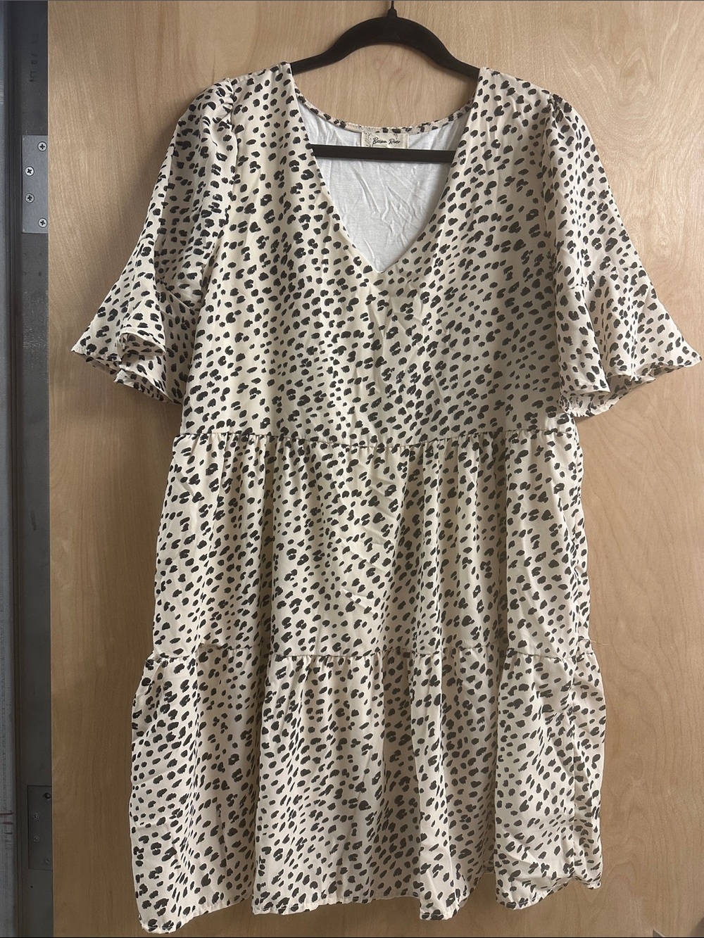 Tiered V-Neck Tunic in Beige with Black Spot Print